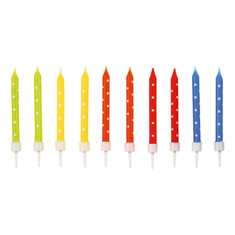 Colorful rainbow cake candles with dots including holder 24 pieces