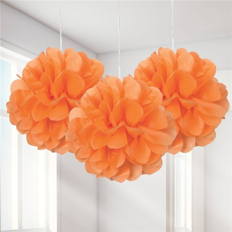 3 fluffy pom poms Locarno orange 23cm