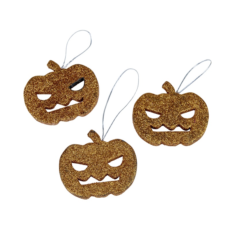 Happy Halloween glitter pumpkins set of 3 6.5x6x0.8cm