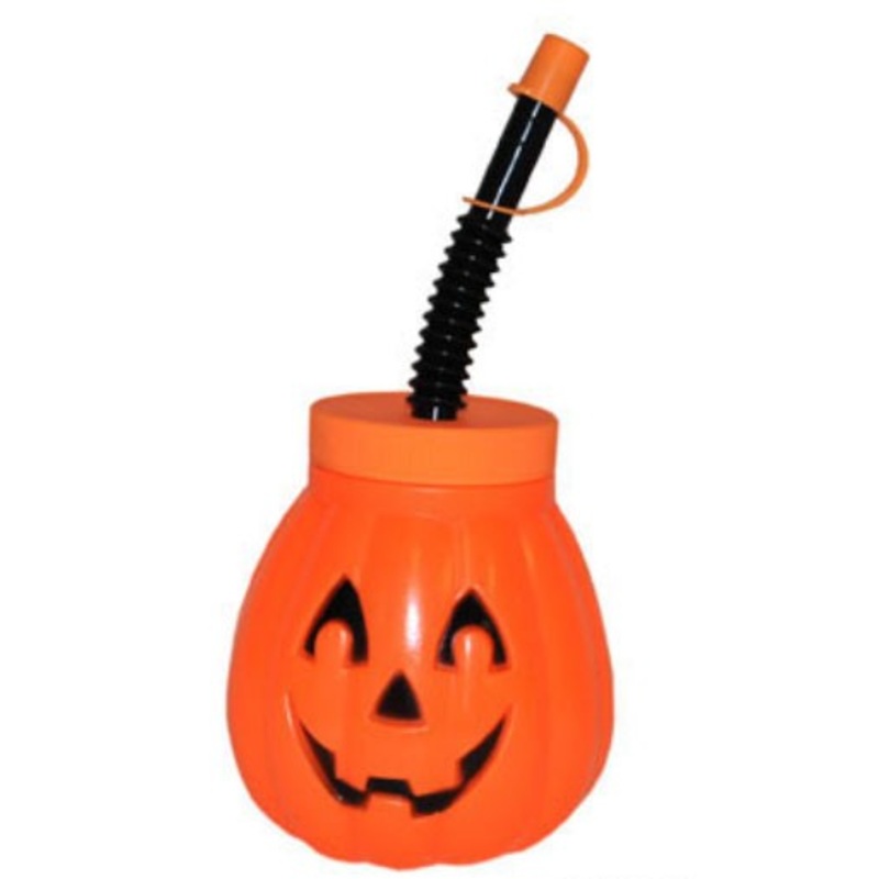 Pumpkin plastic drinking cup with straw