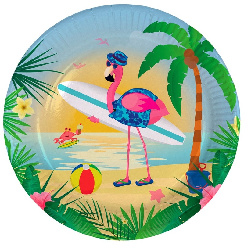 8 Surfer Flamingo paper plates 23cm