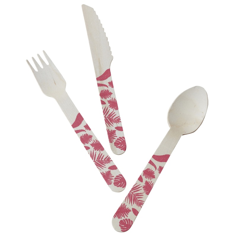 Tropical Flamingo wood cutlery set 18 pieces