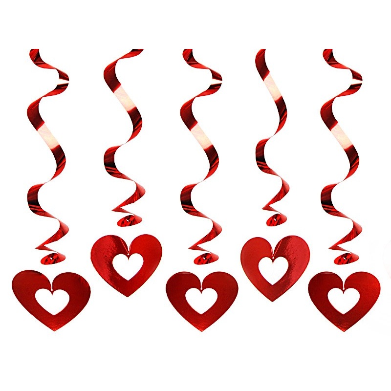 5 Heart Spiral Streamers Metallic Red 60cm