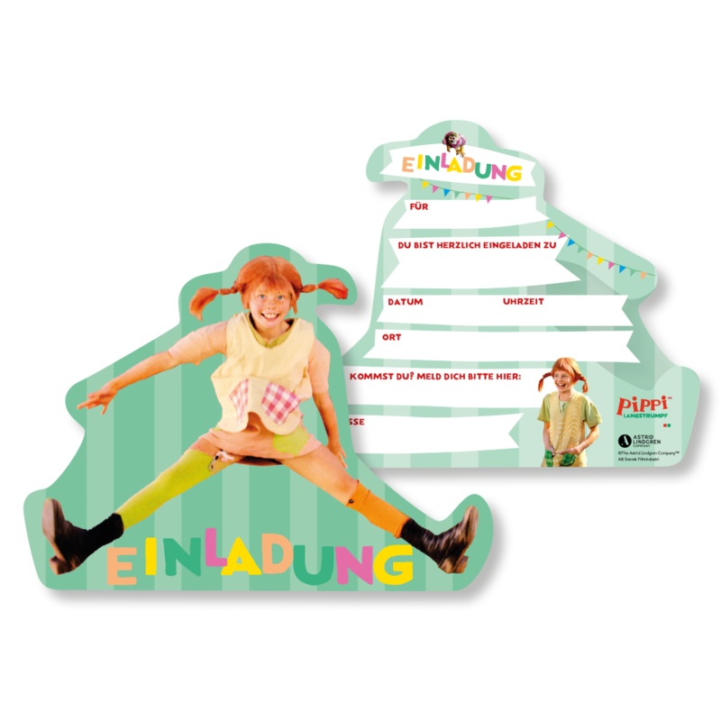 8 Pippi Longstocking invitation cards
