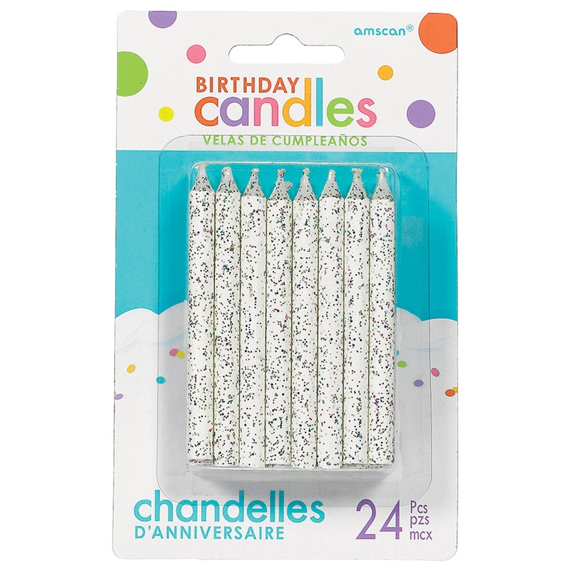 24 birthday candles white glitter 5,3cm