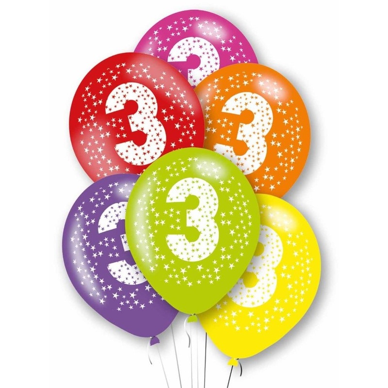 6 colorful number 3 latex balloons 27.5cm
