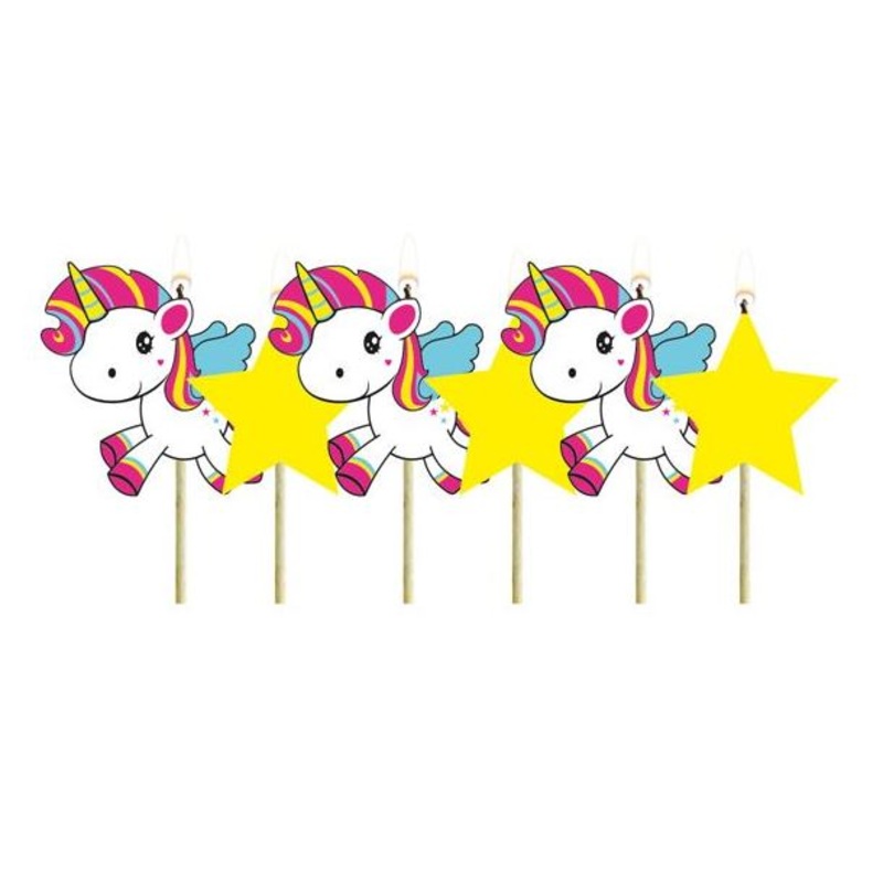 6 unicorn poppy cake candles