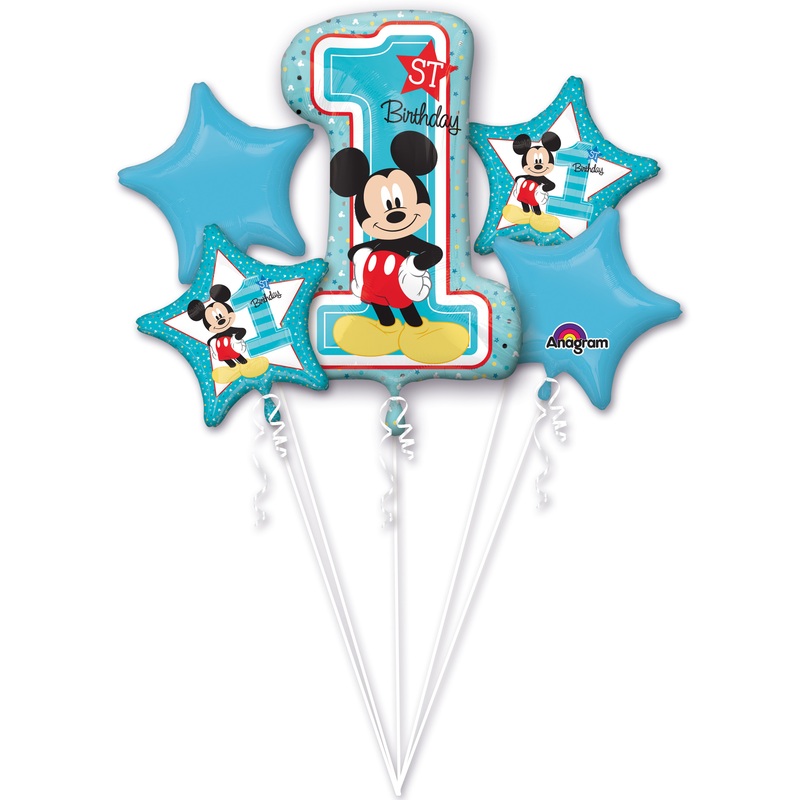 5 balloons Mickey Mouse 1st birthday blue