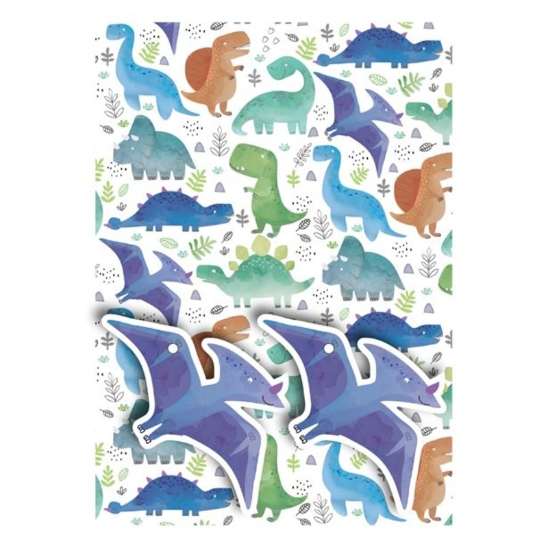 Dinosaur wrapping paper with gift tags