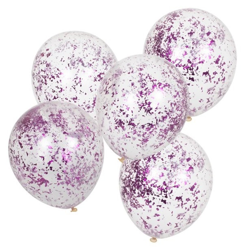5 latex balloons with purple shredded confetti 30cm