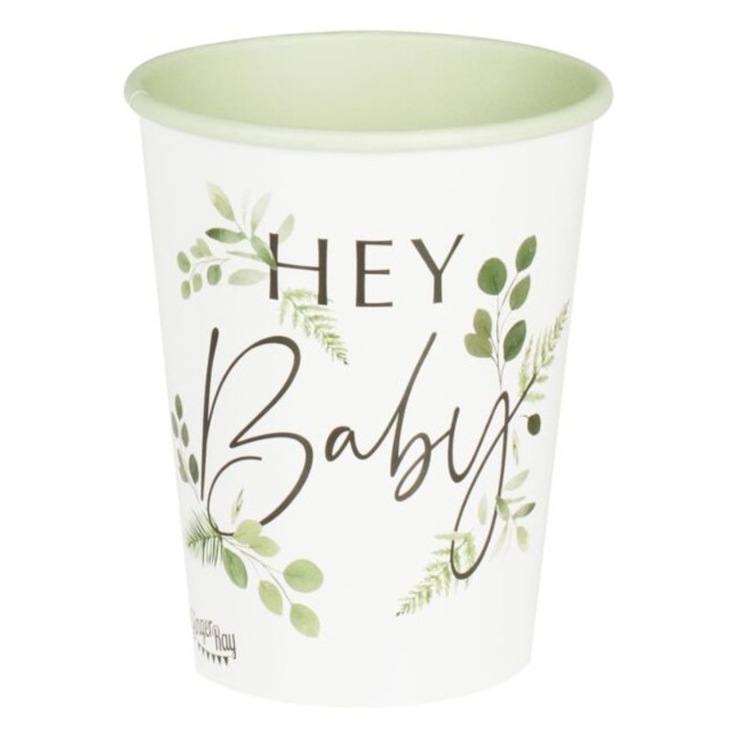 8 Botanical baby shower paper cups 266ml