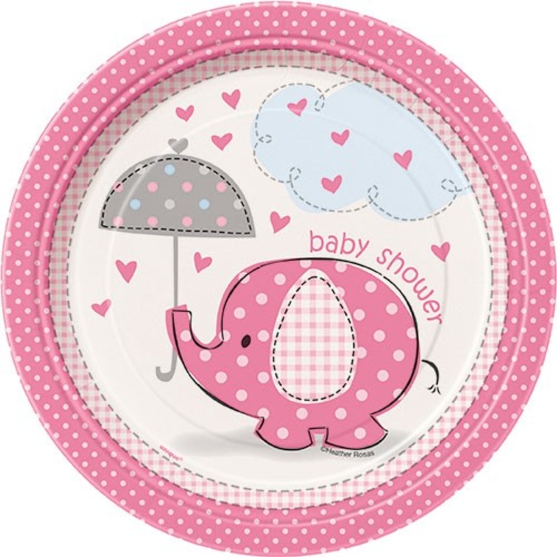 8 elephant baby party paper plates pink 18cm