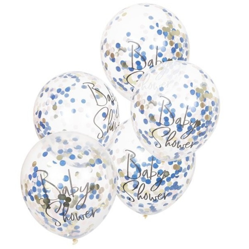 5 blue baby boom confetti balloons 30cm