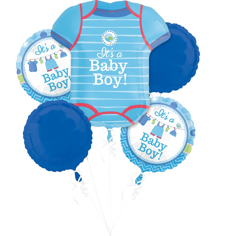 5 foil balloons in a blue baby shower design