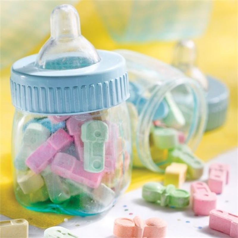 6 blue guest gift baby bottles 7.5cm