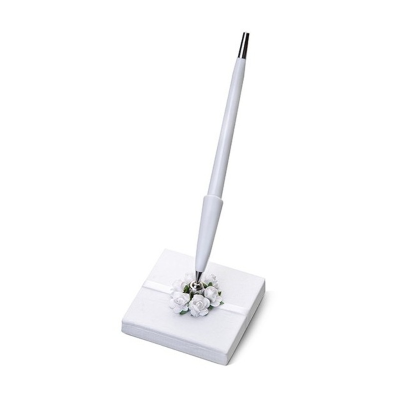 White pen holder and pen with rose decoration