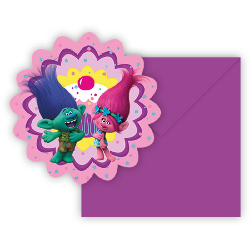 6 Trolls party invitation cards in a set