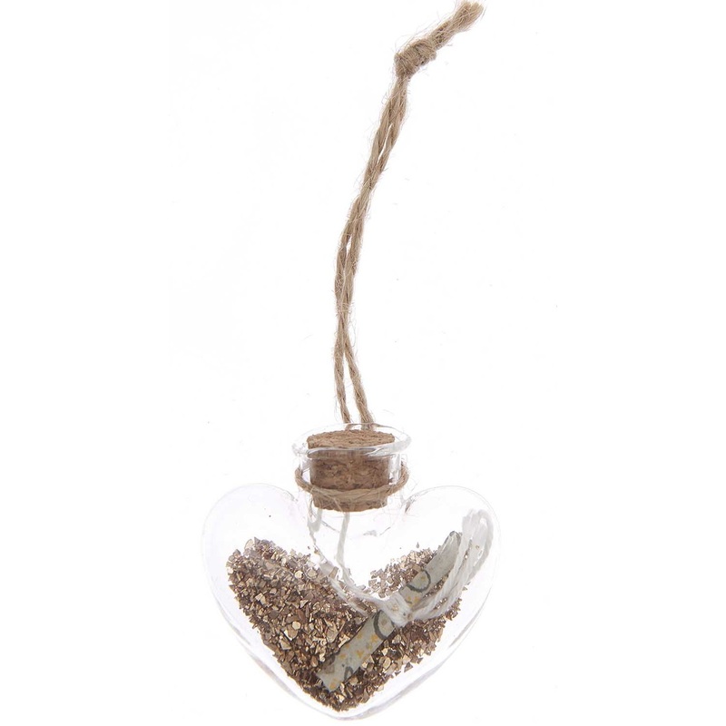 Heart glass bottle hanger with glitter 5cm