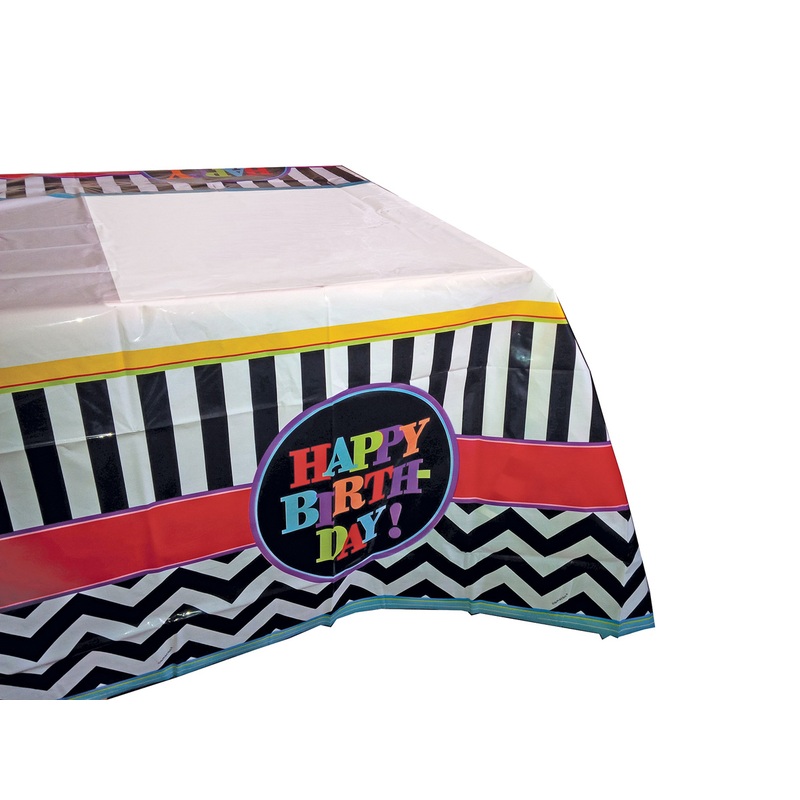 Happy Birthday tablecloth black and white striped 120x180cm