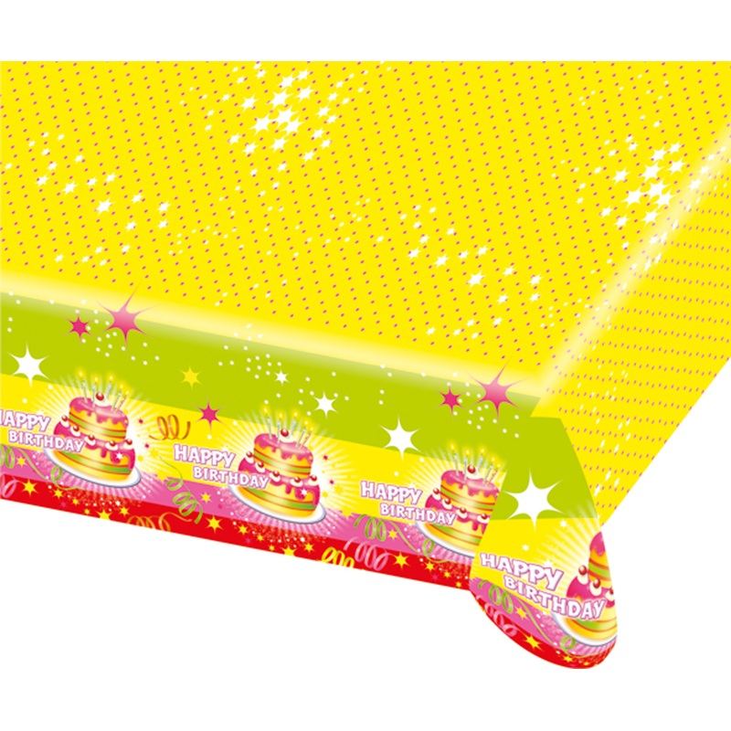 Happy Birthday tablecloth yellow with birthday cake 180x120cm