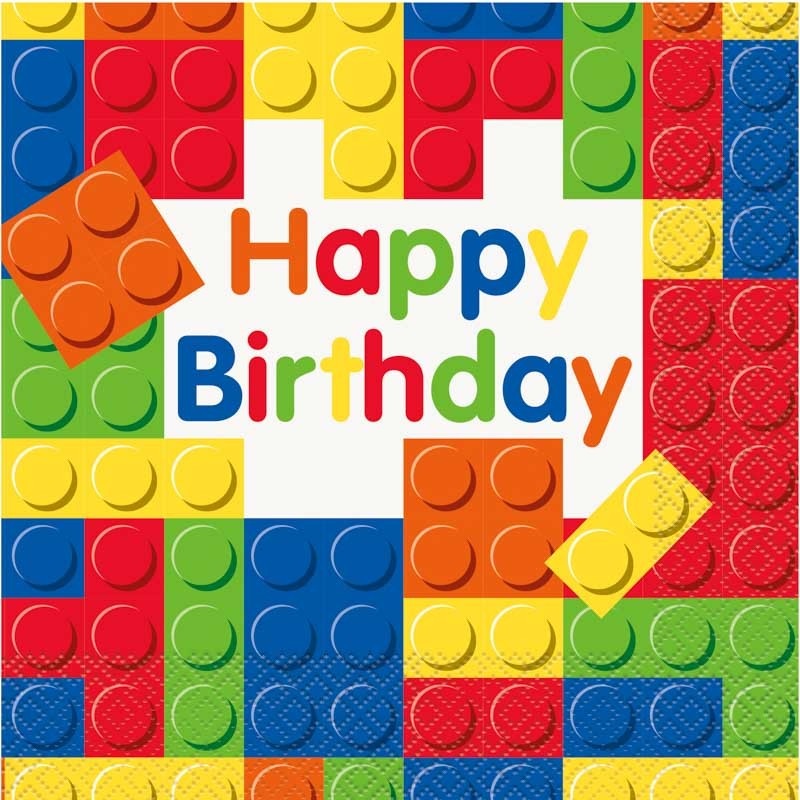 16 colorful Happy Birthday building block napkins 33cm