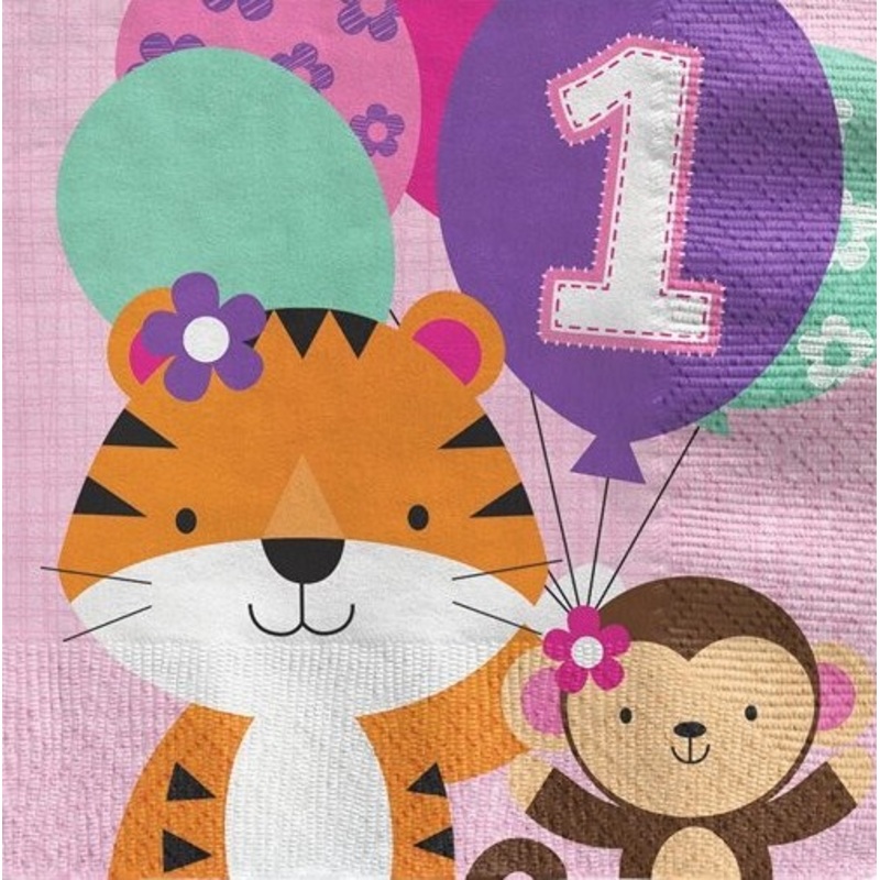 16 First Wild Birthday napkins pink 33cm