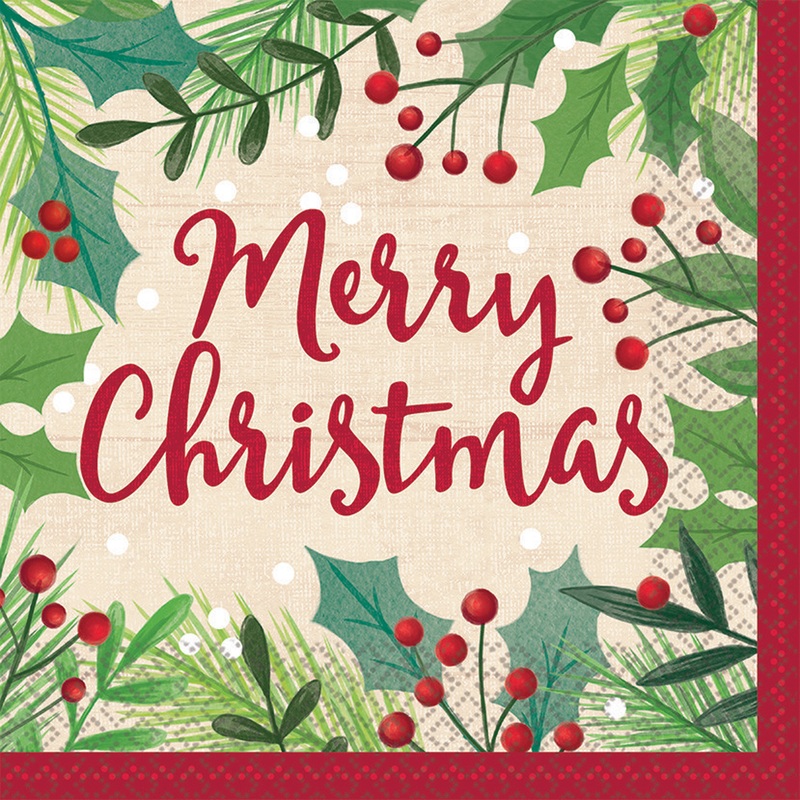 16 Merry Christmas Mistletoe Napkins 33cm