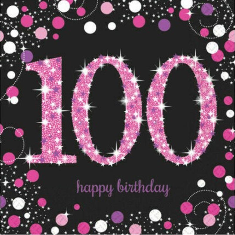16 pink 100th birthday napkins 33cm