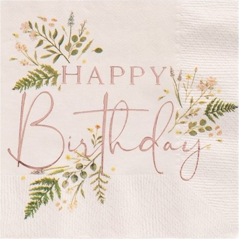 16 rose gold Happy Birthday napkins 33cm