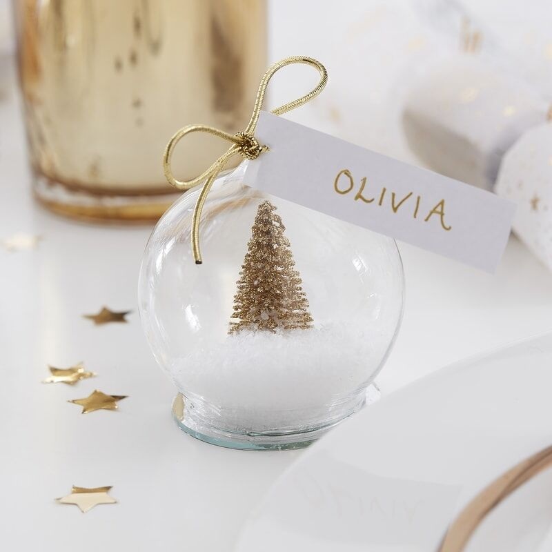 5 Christmas tree snow globe place cards 6cm