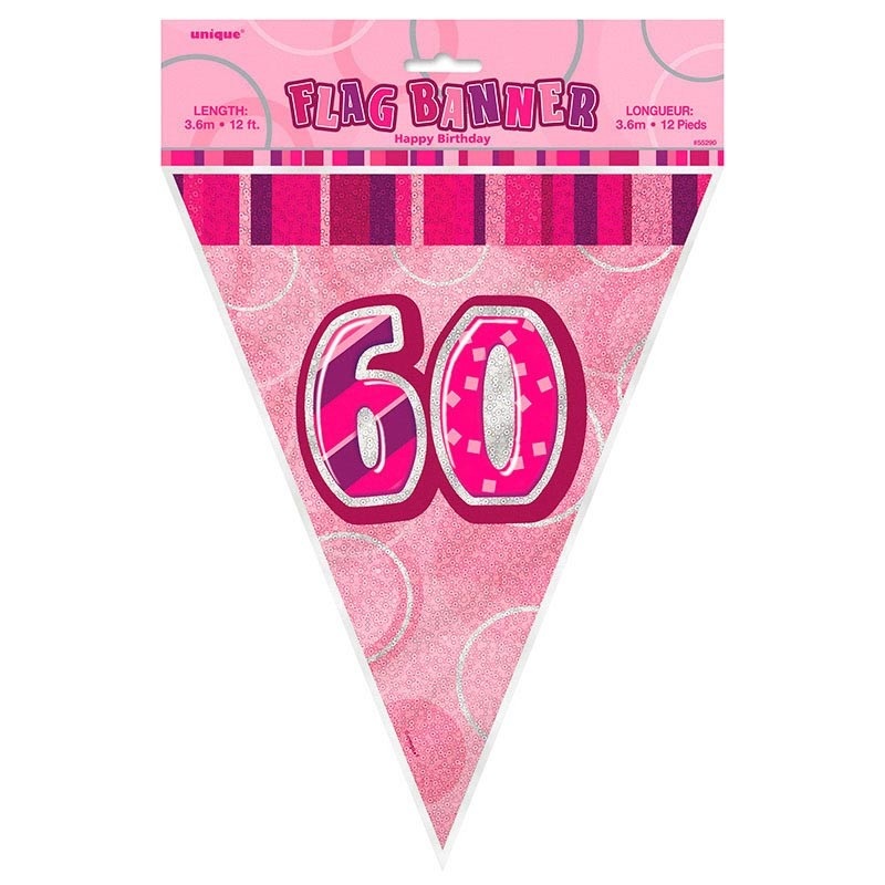 60th birthday glittering pennant chain pink