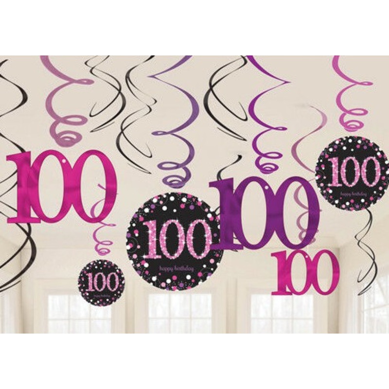 12 pink 100th birthday spiral hangers 45cm