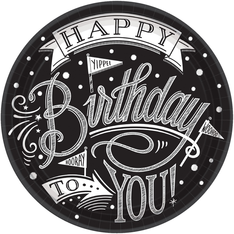 18 Black & White Birthday paper plates 26cm