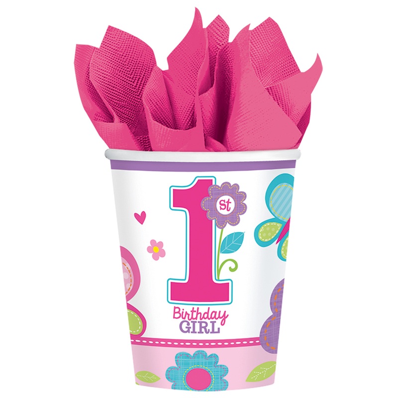 1st Birthday Paper Cup Birthday Girl With Flowers Motif 266ml