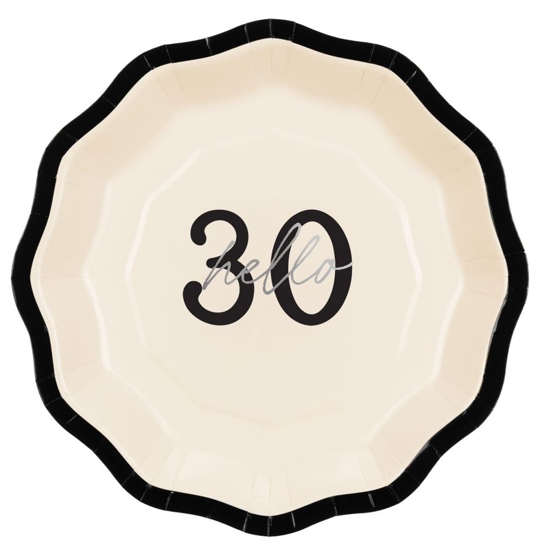 30th birthday 6 paper plates with black bow 18cm