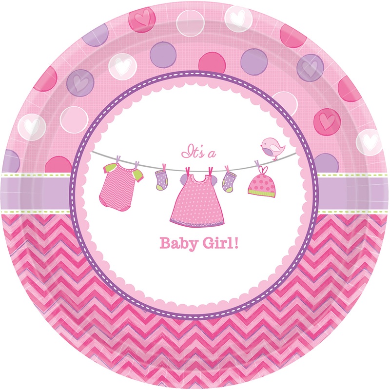 8 Baby Girl Round Paper Plates Pink 26.6cm