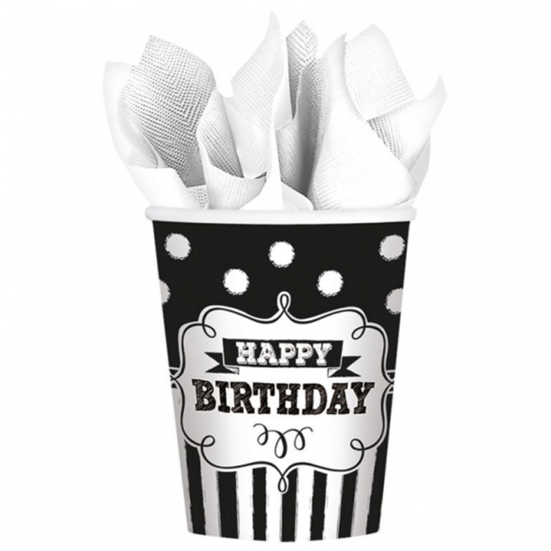 8 Black & White Birthday paper cups 266ml