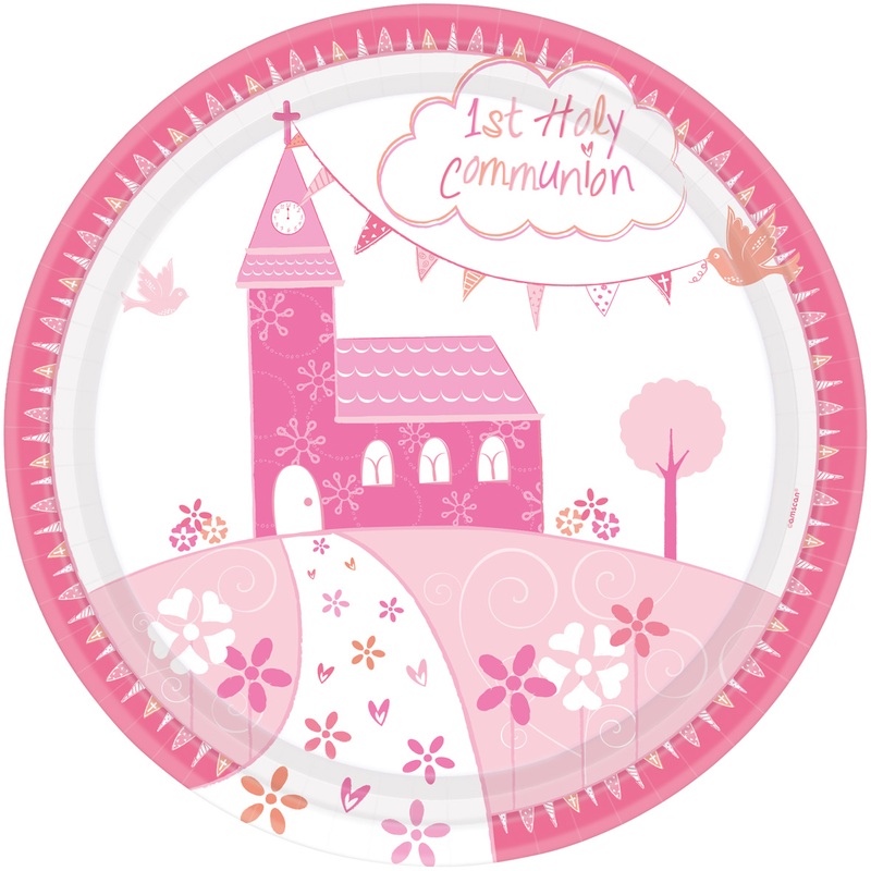 8 communion paper plates pink 23cm