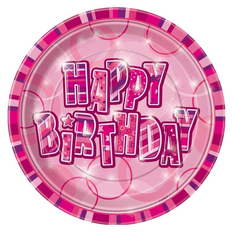 8 Happy Pink Sparkling Birthday paper plates 23cm