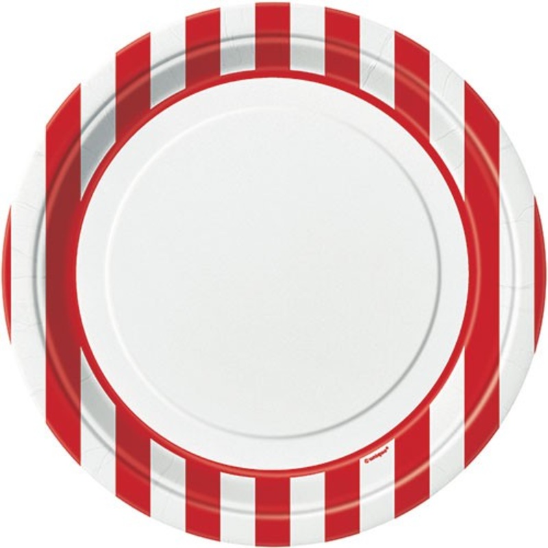 8 party plates Victoria red striped 23cm