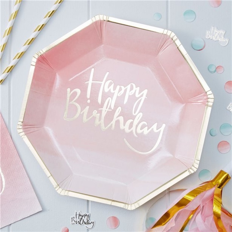 8 Pink Ombr Birthday paper plates 25cm