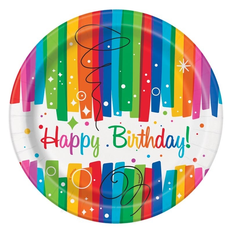 8 Rainbow Swirl Happy Birthday paper plates 18cm