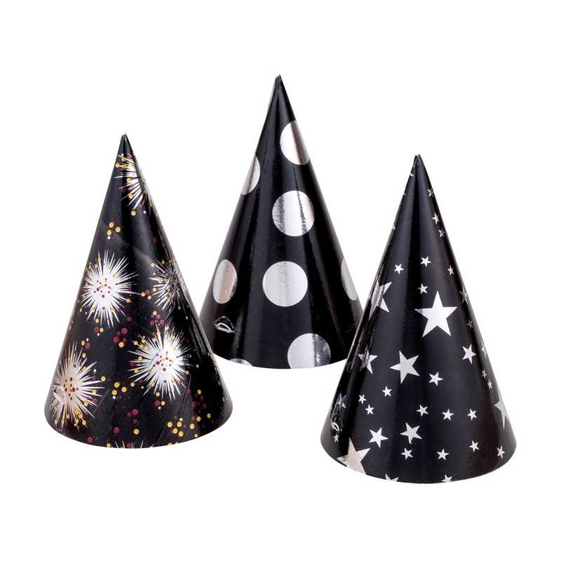 6 Happy New Year party hats Elegance 15cm