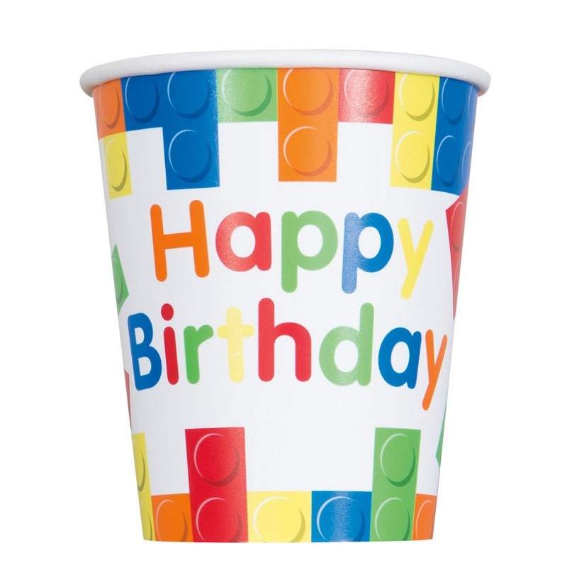 8 Colorful Happy Birthday building block paper cups 266ml