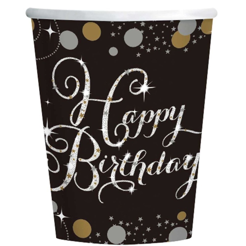 8 Golden Happy Birthday cups 250ml