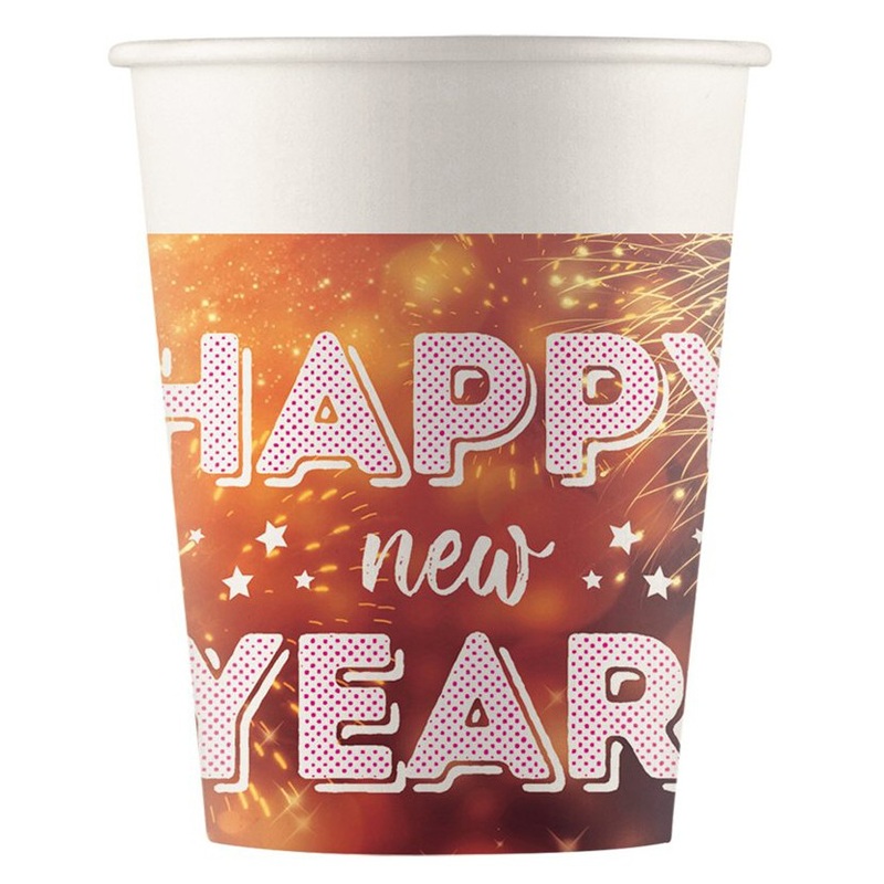 8 Happy New Year cups 200 ml compostable