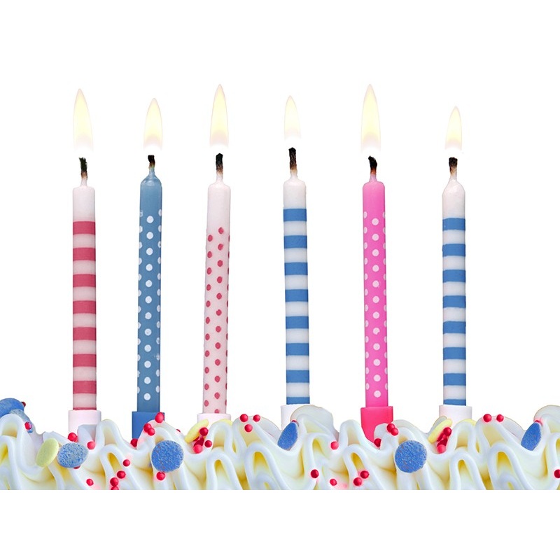 6 cake candles in a colorful mix design with holder 6.5cm