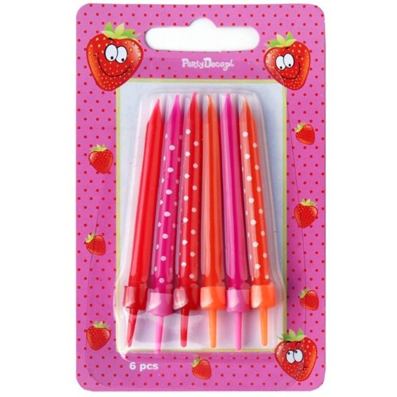 6 cake candles in colorful strawberry design with holder 6.5cm