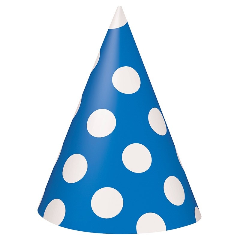 8 party hats Tiana royal blue dotted 15cm