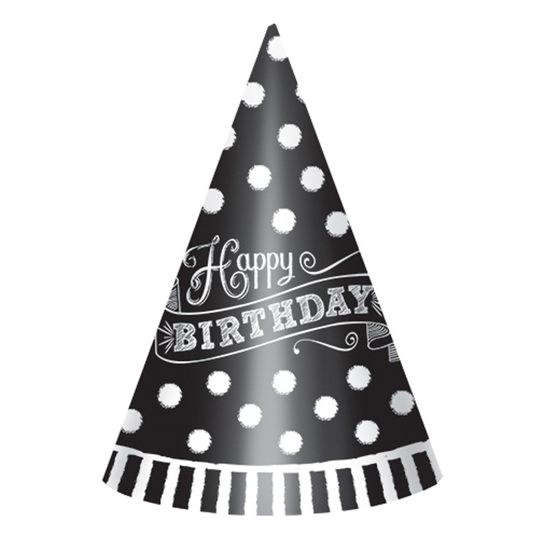 Black & White Party hat Happy Birthday 12 pieces